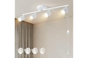 HOXIYA Dimmable Plug in Track Lighting (Bulbs Included), 4-Lights Matte White Finish, Adjustable Heads, 20ft Long Cord with in-Line Dimmer Switch, Rotatable Ceiing Spotlight for Bedroom Living Dining Room
