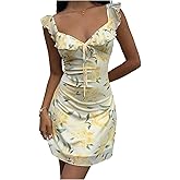 OYOANGLE Women's Floral Print Ruffle Bodycon Tank Dress Sweetheart Neck Tie Front Summer Sundress