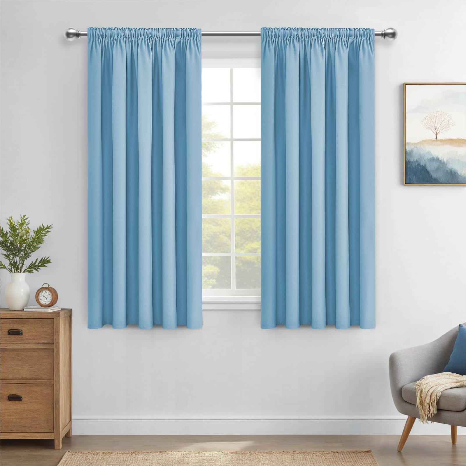 MRTREES Blue Pencil Pleat Blackout Curtains, Thermal Insulated Bedroom Curtains for Multiple Hanging Methods, 2 Panels 117x137 CM 46x54 Inch Sky Blue