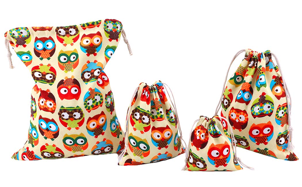 Amoyie 4 pcs Drawstring Storage Bag Set for Baby Stuff, Travel Home Accessories - Cute Owl