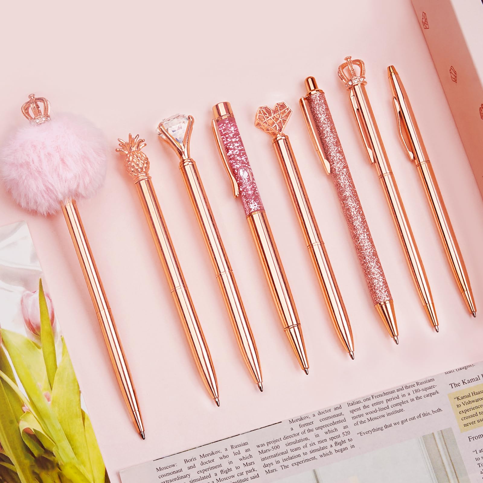 WEMATE 8Pcs Rose Gold Ballpoint Pens Set Ballpoint Pen Bling for Women,Girly Pens,Black & Blue Ink Ball Point Pen Gifts for Wedding Bridesmaid Office