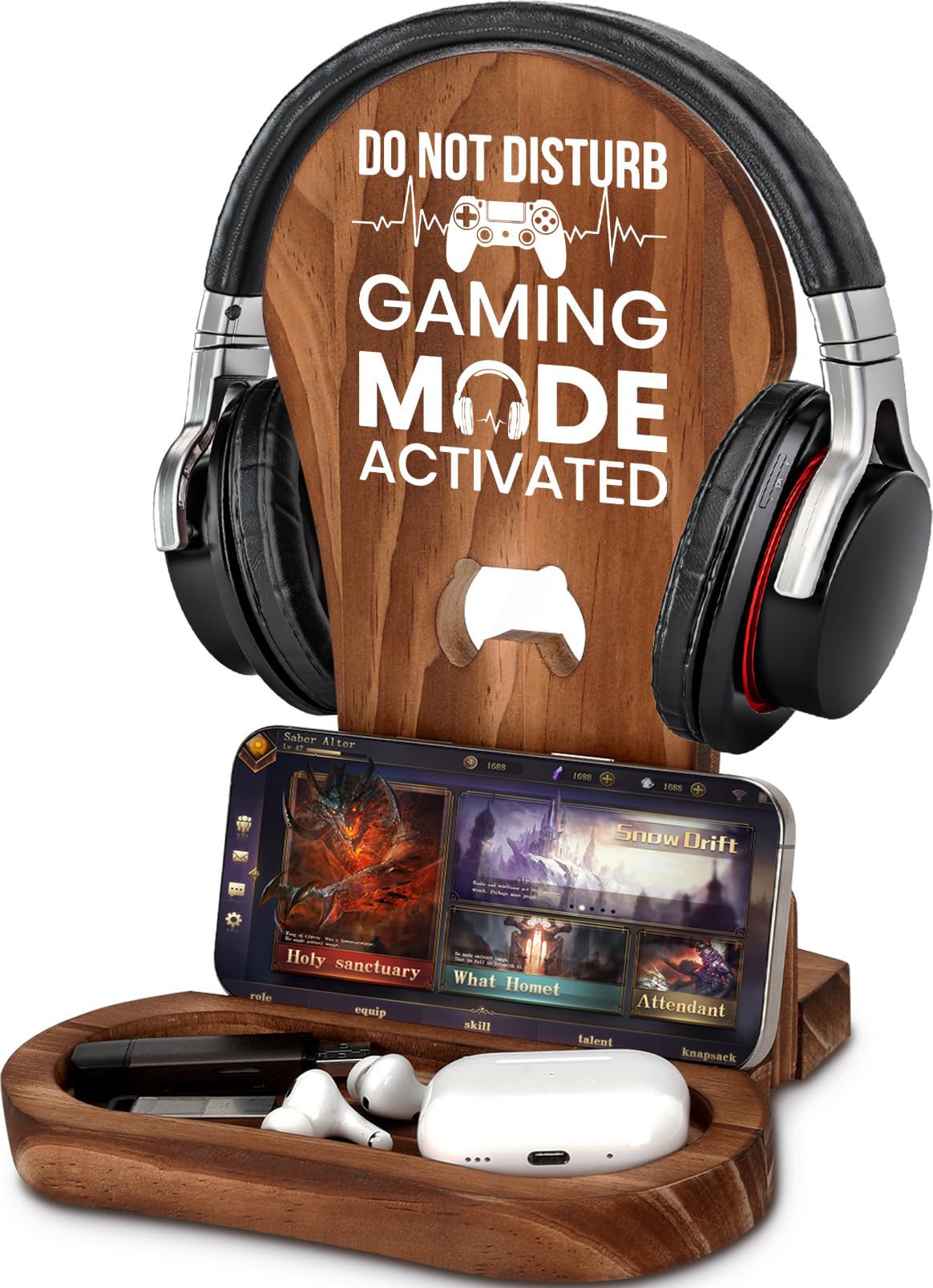 Gamer Gifts for Men Boys, Gaming Desk Accessories, Gaming Room Decor, Teenager Son Boyfriend Husband Game Lover Gifts, Wooden Headphone Stand Headset Holder Gift -Don't Disturb Gaming Mode Activated