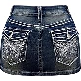 WDIRARA Women's Low Rise Butterfly Embroidery Bodycon Mini Denim Skirt Y2k Jean Skirt