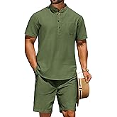 COOFANDY Men's 2 Piece Cotton Linen Sets Summer Beach Outfits Casual Short Sleeve Henley Shirts and Vacation Shorts