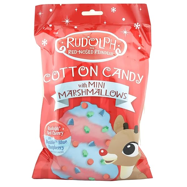 RUDOLPH THE RED NOSED REINDEER COTTON CANDY, CHERRY AND BLUE RASPBERRY FLAVORED WITH MINI MARSHMALLOWS, CHRISTMAS STOCKING STUFFERS, 3 OUNCES