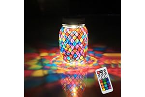 YEWANYE Solar Mosaic Outdoor Lanterns - 12 Color Changing LED, 4 Lighting Modes with Remote Control, Handcrafted Glass Decor Lights, Hanging or Tabletop Decor for Garden (red)