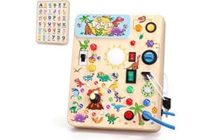 Iabedi Dinosaur Busy Board, Wooden Toddler Toy, Sensory Travel Toy, Ideal Gift for 1-3 Years Old Boys (Dinosaur Busy Board Plus V2), Blue