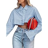 Wcuvbv Women Cropped Button Down Shirt Asymmetric Hem Long Sleeve Collared Blouse Top