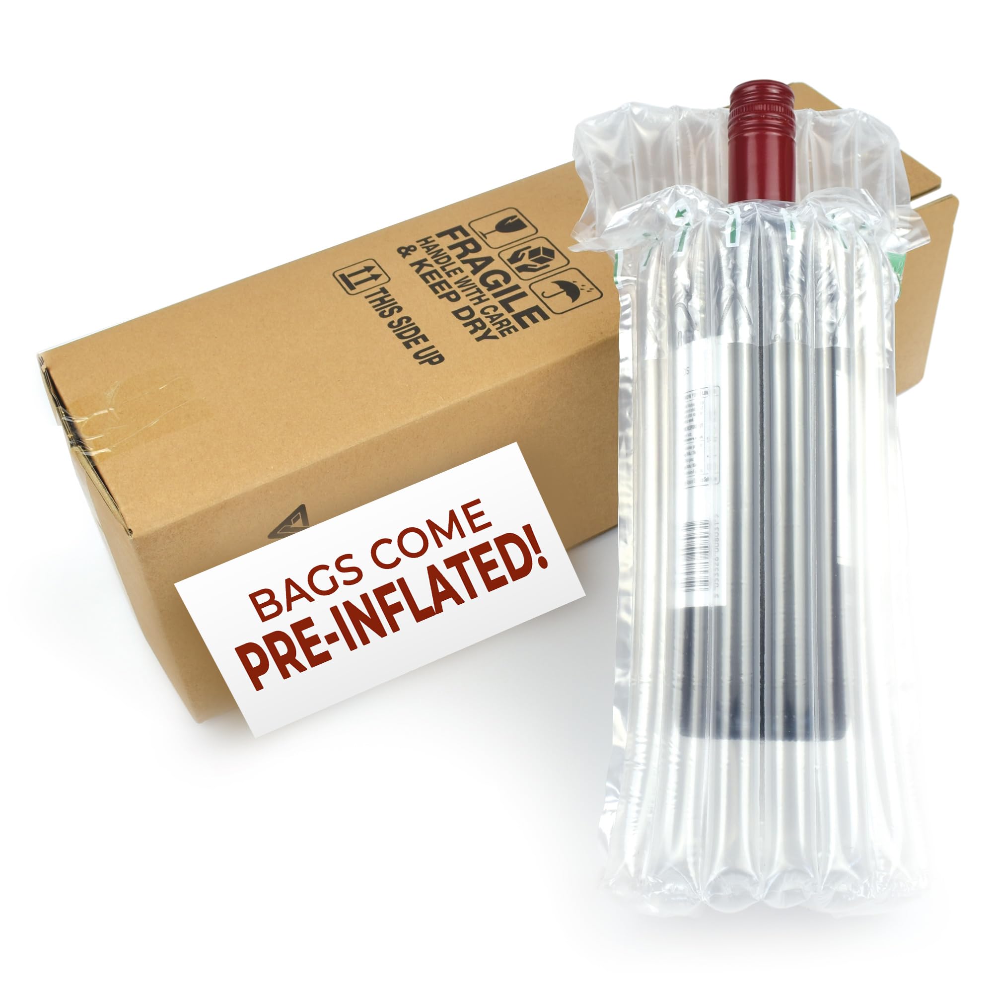 Evergreen Goods Pre-Inflated Wine & Beer Bottle Bags with Cardboard Box, Durable Packaging for 750ml Bottles, 370 x 130 x 130mm Carton, 100 um thickness, Perfect for Gifting and Shipping (2)