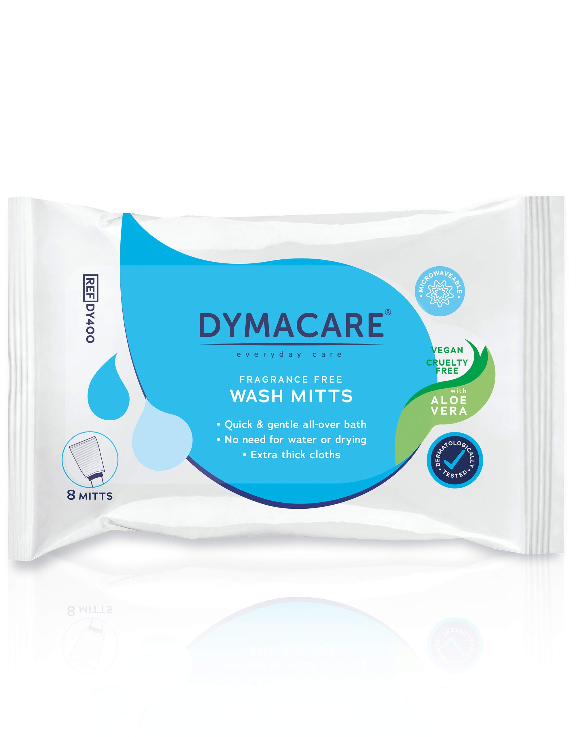 DYMACARE Fragrance-Free Wash Mitts | Rinse Free Microwaveable Adult Bed Bath Wet Wash Gloves | with Aloe Vera | Latex, Lanolin and Alcohol Free (1 Pack (8 Mitts in Total))