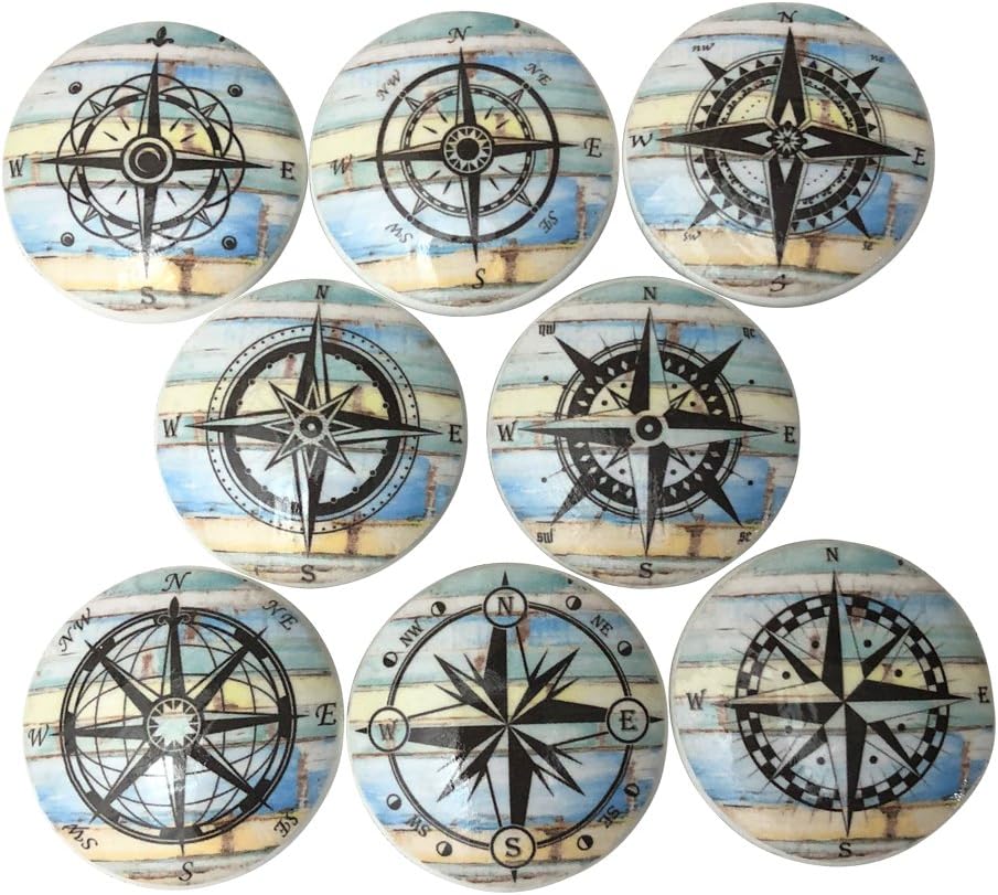 Set of 8 Blue and Yellow Weathered Wood Compass Nautical Wood Cabinet Knobs