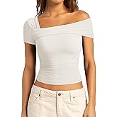 SUUKSESS Women One Off The Shoulder Summer Tank Tops Ruched Short Sleeve Shirts