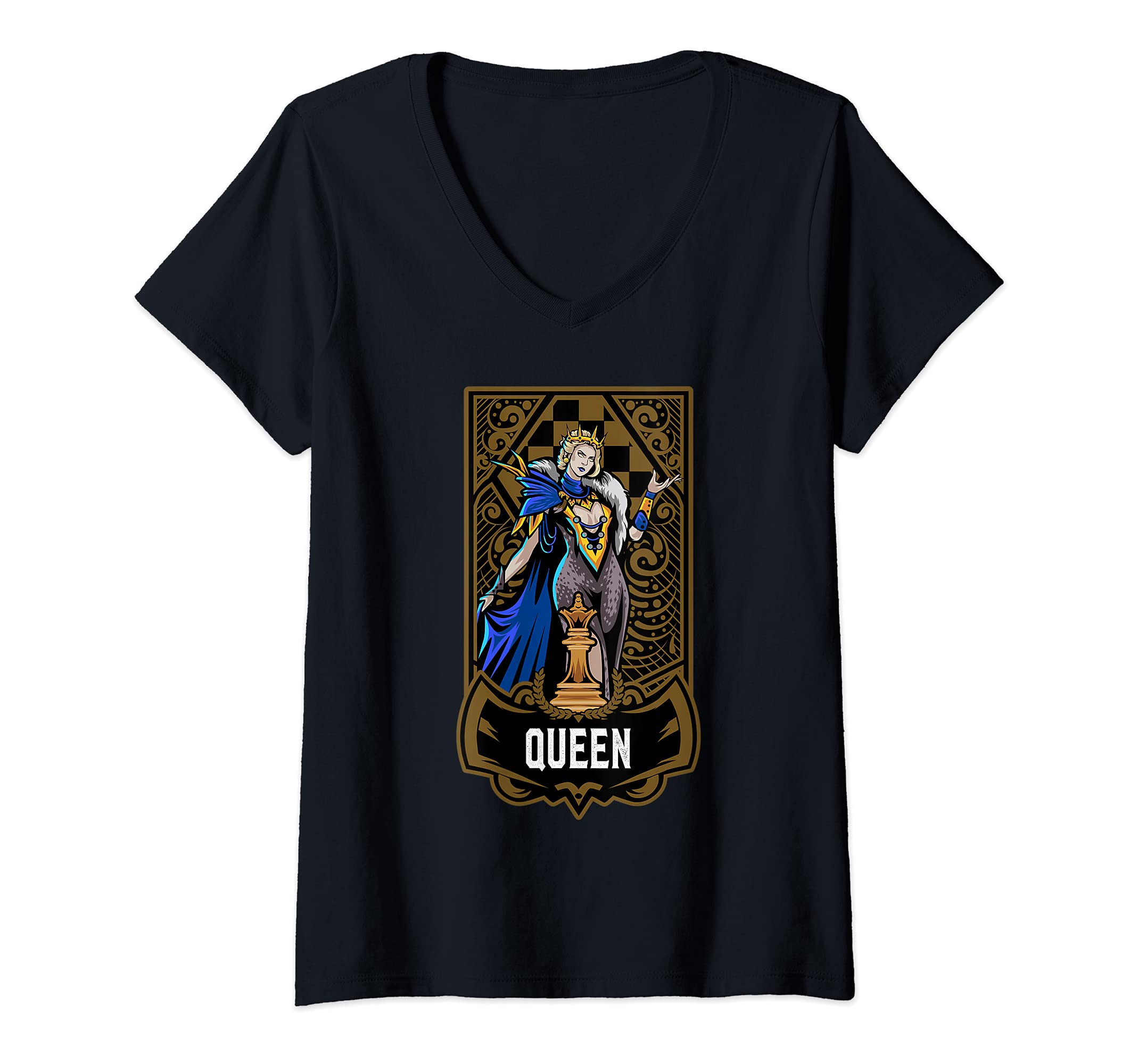 Womens Queen Chess Game Piece Chess Club Players Gambit Blue Team V-Neck T-Shirt