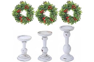 Mumufy 6 Pcs Christmas Candle Holders for Pillar Candles Rustic Wooden Farmhouse Christmas Table Centerpiece Decoration Tall Vintage Xmas Candlestick Wreath Ring for Dinning Fireplace Mantel Decor