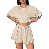 Remidoo Women’s 2 Piece Pajama Set Short Sleeve Crop Top and Shorts Lounge Sets Summer Sleepwear