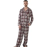 Vulcanodon Mens Pajama Set Soft Button Down Classic Lapel Comfy Long Sleeve Pajamas for Men Lounge Plaid Pjs Set with Pockets