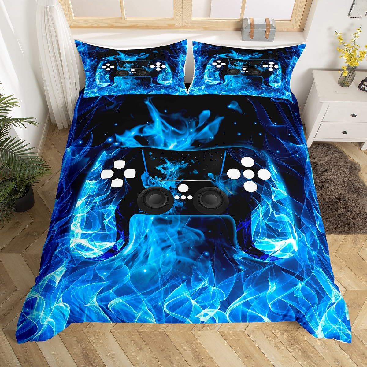 Boys Game Theme Bedding Blue Flame Double Size Decor Boys Kids Gaming Video Game Controller Duvet Cover Set Blue Black Game Gamer Gamepad Bedding for Teenage Men