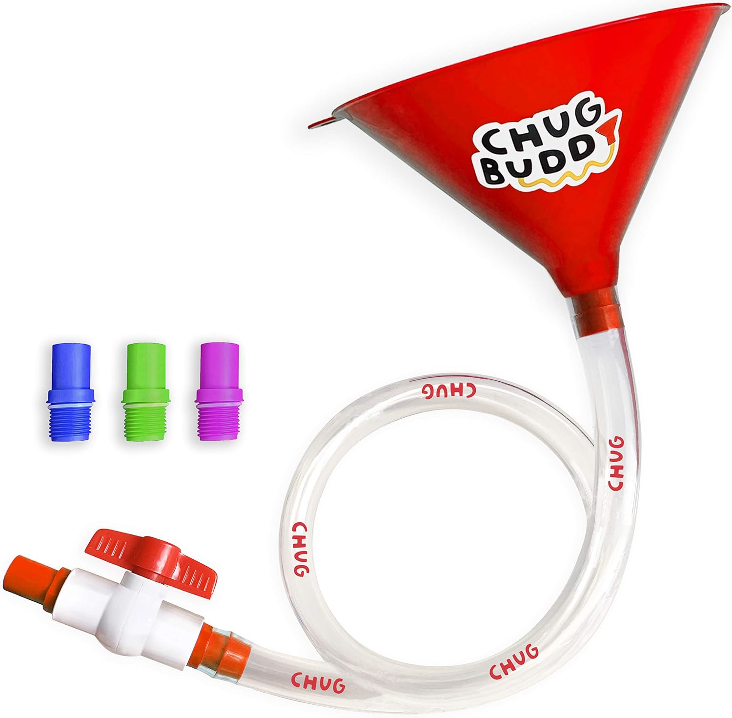 Chug Buddy Beer Bong – Beer Funnel with Valve – Drinking Funnel with Hose – Includes 4 Interchangeable Mouth Pieces – Extra Long 3Ft Tube – Ideal for College, Party, Drinking Games, Red