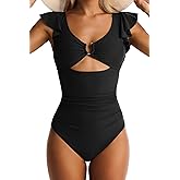 EVOCRCO Women's One Piece Swimsuits Tummy Control Ruffle Bathing Suit Cutout Slimming Swim Suit V Neck Ring Linked Swimwear
