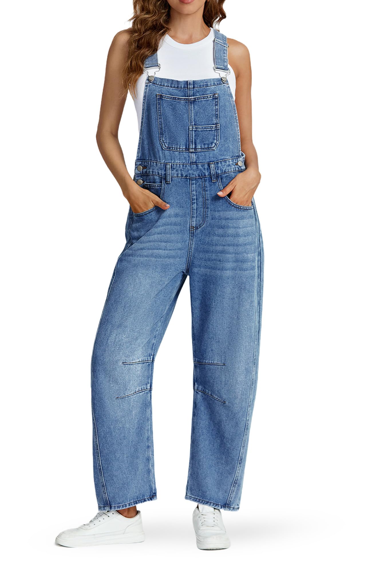 Photo 1 of Ladyful Women's Overall Casual Straight Wide Leg Bib Jeans Overall Adjustable Straps Denim Romper Stretch Jumpsuits