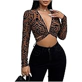 SHENHE Women's Deep V Neck Twist Front Tie Back Long Sleeve Sexy Date Night Crop Top
