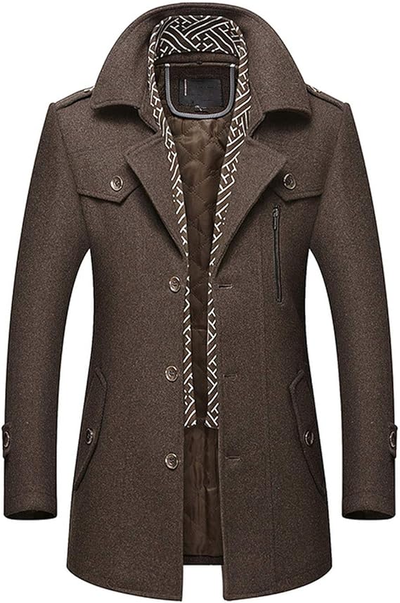 Amazon メンズウィンターウールコートメンズファッションターンダウンカラーウォームシックウールブレンドウールピーコート ブラウン 4xl コート ジャケット 通販