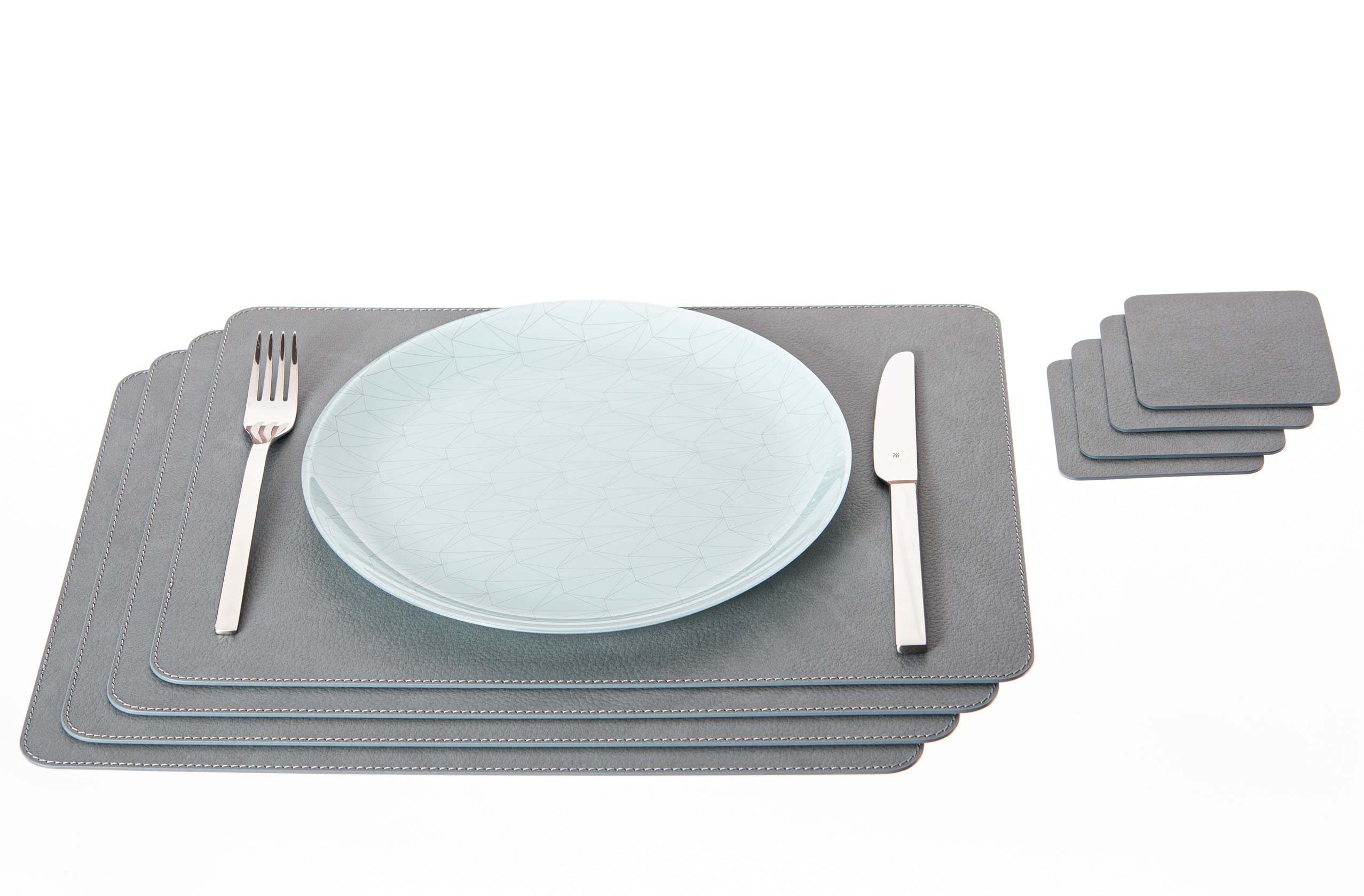 Nikalaz Set of Placemats and coasters, 4 table mats and 4 coasters, Place Mats, Recycled leather (Dirty Grey, 40 x 30 cm)