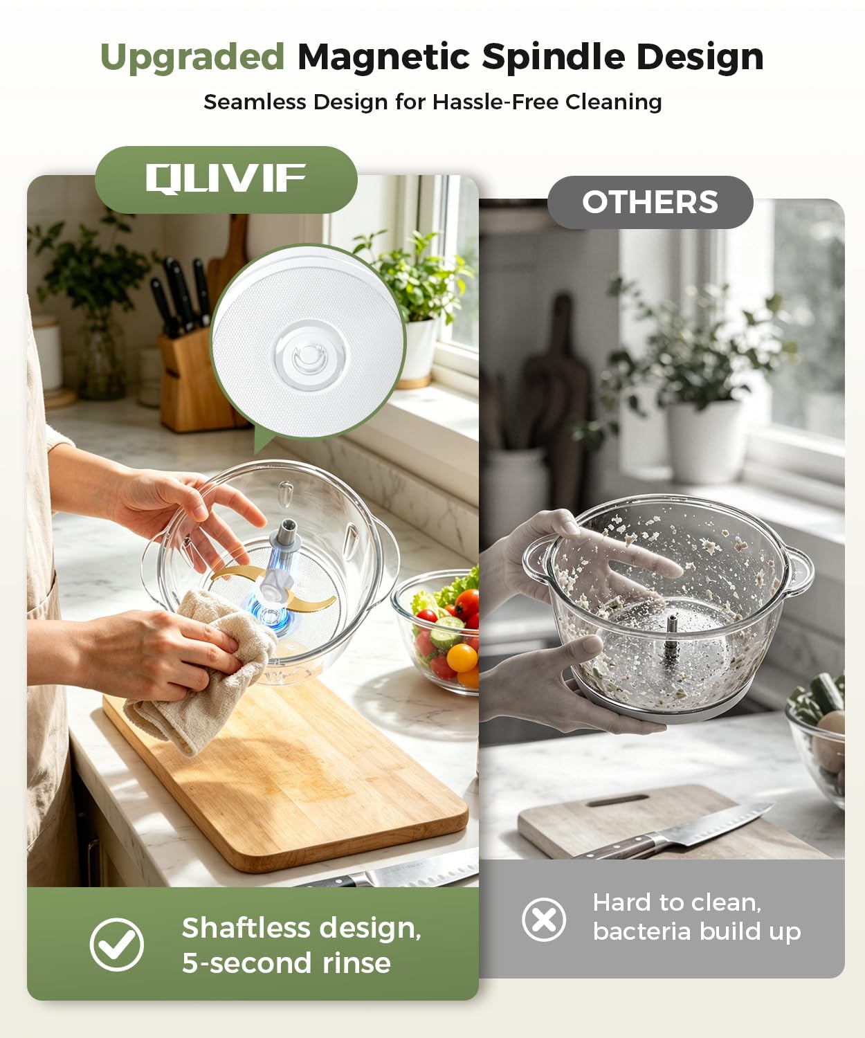 Condition photo showing New/Like New for quvif food processor electric food chopper meat grinder & vegetable chopper with magnetic easy-clean