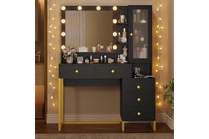 BTHFST Large Vanity Desk with Mirror and Lights, Makeup Vanity with Lights and Charging Station, Vanity Table with 5 Drawers and Storage Shelves, Makeup Desk with Nightstand, Black and Gold