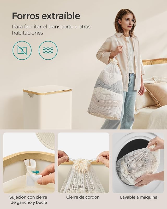 Cesto de roupa com tampa, Cesto Grande de Roupa, 90 L, Forro de Rede Removível, Tecido Oxford, Cabos de Bambu, Dobrável, 42 x 32 x 70,5 cm, Branco Creme LCB509W01