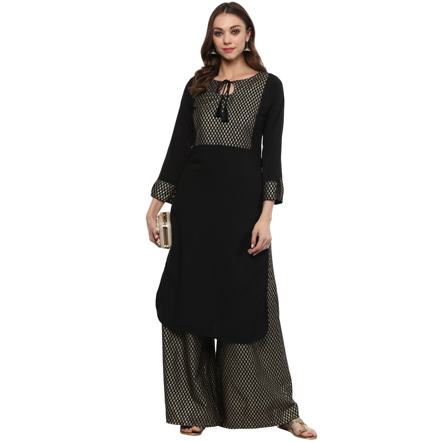 ziyaa women's black colour straight crepe gold foil print kurta & palazzo set