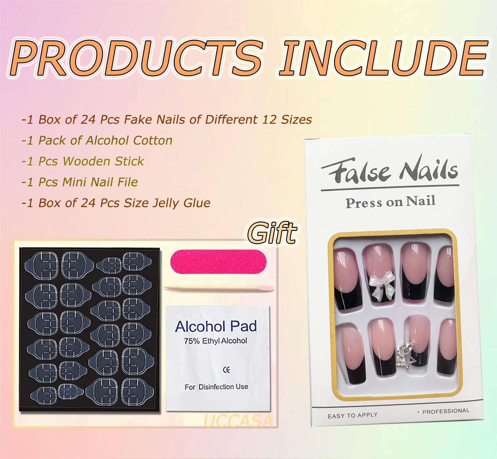 Black French Tip Press on Nails Medium Fake Nails Square Full Cover Glue on Nails Bow-Knot Star Designs Cute False Nails Glossy Stick on Nails for Women Acrylic Manicure Salon 24Pcs - Image 7
