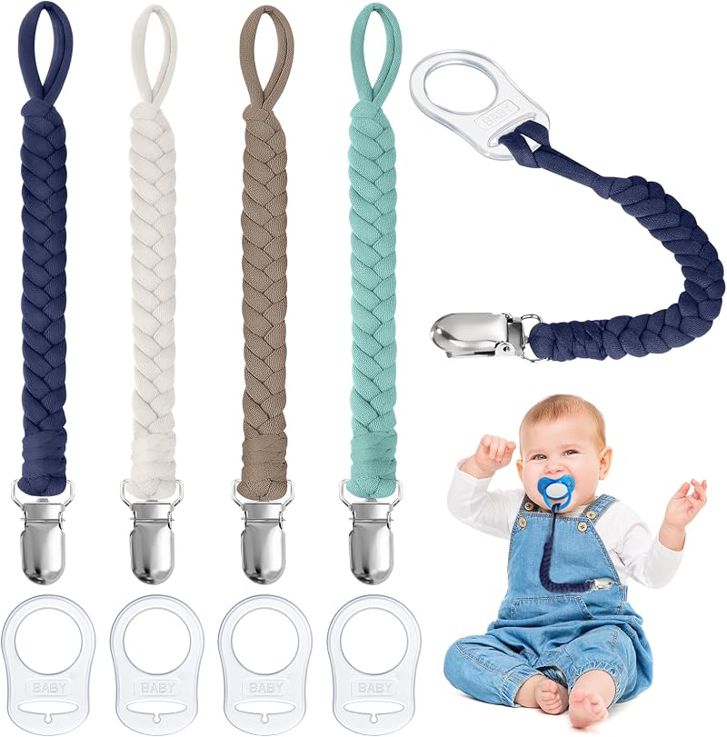 Aolso Pacifier Chain 4pcs Clip Adapter silicone rings Teething Clip Black Blue