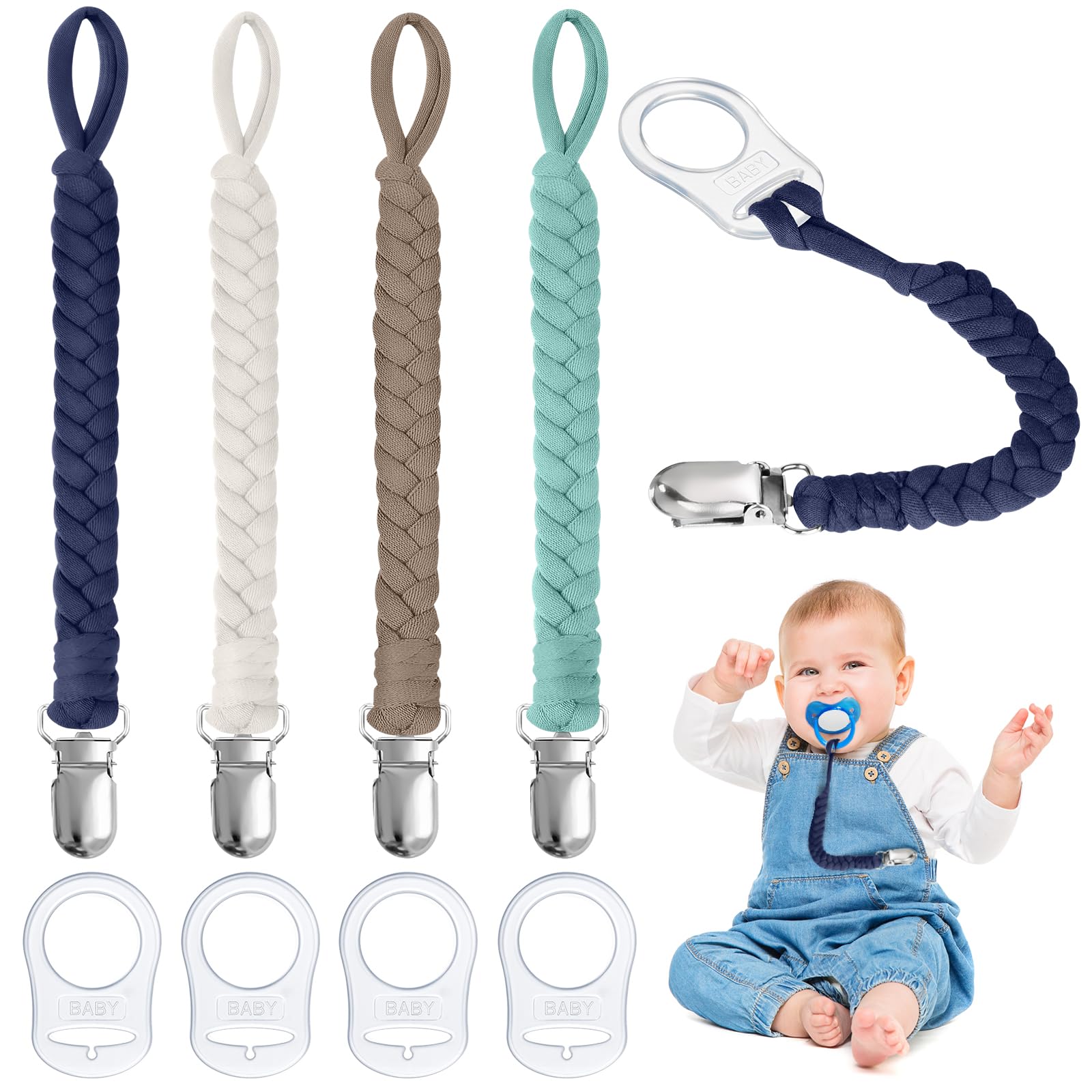 Aolso Dummy Clips Pacifier Chain, 4pcs Dummy Pacifier Chain with 4pcs Clip Adapter, Silicone Ring Adapter, Soother Chain Holder Straps Teething Clip, Teething Toy (Black/Blue/White)