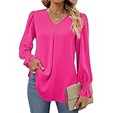 Funlingo Women's 2025 Long Sleeve Tops Dressy Casual V Neck Tunic Shirts Loose Chiffon Work Blouse