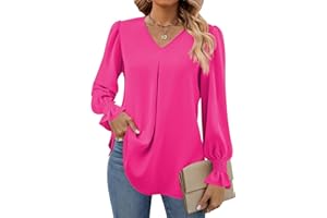 Funlingo Women's 2023 Long Sleeve Tops Dressy Casual V Neck Tunic Shirts Loose Chiffon Work Blouse