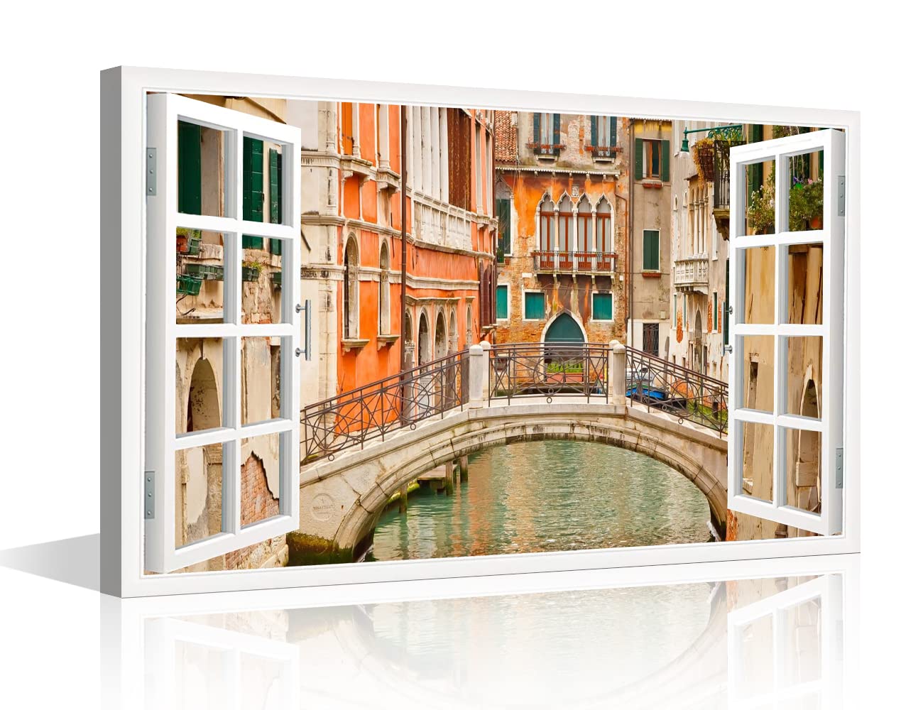 3D Window Effect Venice Water City Canvas Prints Wall Decor Artwork Italy City Landscape Canvas Wall Art Print for Bedroom Living Room Bathroom Home Decorations Framed Ready to Hang - 24"W x 16"H
