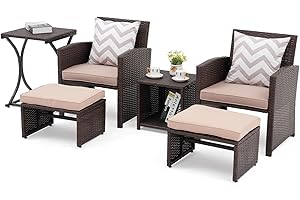 OC Orange-Casual 6 Piece Patio Wicker Furniture Set, Balcony All Weather Rattan Chair, with Space Saving Ottoman, Resin Nesting Coffee Table, Modern Design, Beige