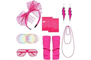 80s Costume Accessories Set, 80s Outfits for Women, 1980s Fancy Dress Costumes with Neon Headband Necklace for Adult Party