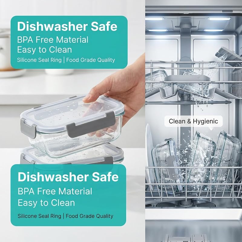 Recipientes de vidro de borosilicato para alimentos, conjunto de 2 peças para preparação e armazenamento de refeições (1040ml), recipientes herméticos para micro-ondas e máquina de lavar loiça, sem BPA — foto 6 de 8