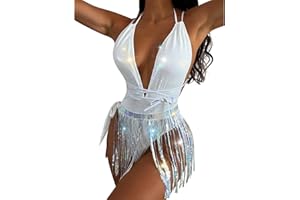 ABAFIP Women's 3Pcs Holographic Sequin Fringe Tassel Skirt Tube Bra Top Shiny Rave Outfits Festival 80s 90s Dancewear Costume
