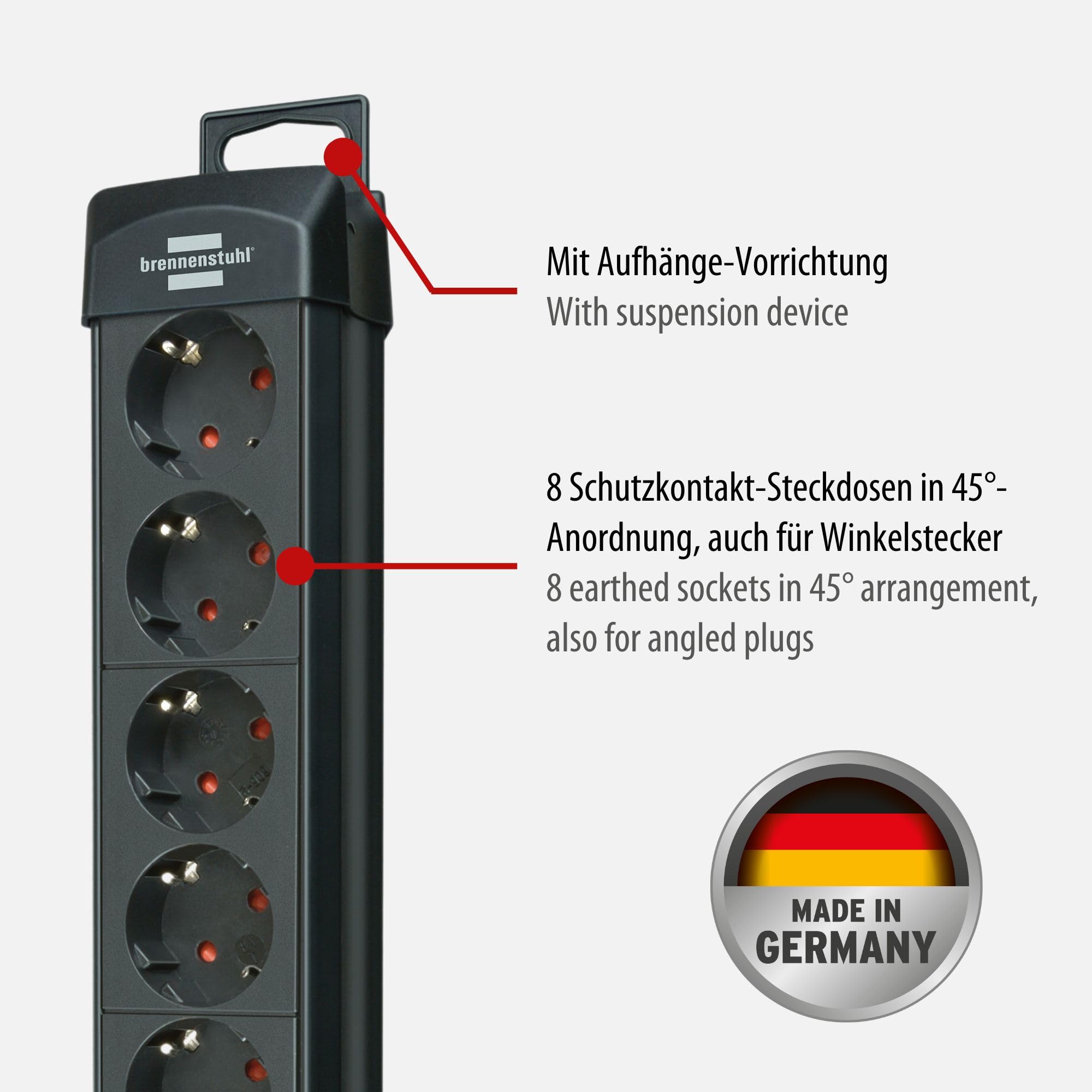 Brennenstuhl Premium-Line Steckdosenleiste 8-Fach (Mehrfachsteckdose mit Schalter und 3m Kabel - 45° Winkel der Schutzkontakt-Steckdosen, Steckdosenleiste Wandmontage, Made in Germany) schwarz 2