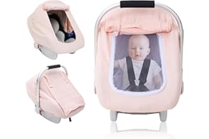 THE KENKYO 3 Layer Muslin Baby Car Seat Cover, Carseat Covers Baby with Mesh Window, Windproof Infant Car Seat Cover for Girls Boys, Carseat Canopy Privacy Sun Shade Cover for Stroller