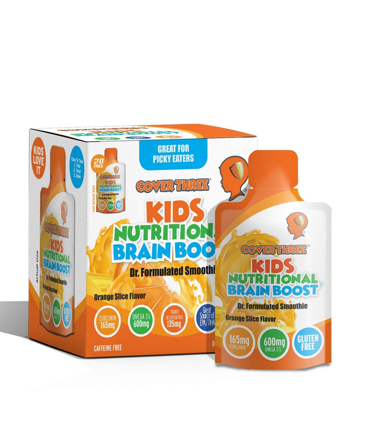 Kids Nutritional Brain Supplement- Boost Child Memory, Focus, Calmness- Support Brain, Immune, Vision, Heart Health- Omega Fish Oil DHA, Vitamin C, Turmeric, Resveratrol- Liquid Squeeze Pouch (1 Box)