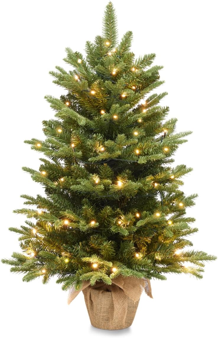 Trees - Somikis 3ft Pre-Lit Premium Artificial Mini Christmas Tree with 85 LED Lights and Realistic Nordic Spruce, Solid Cement Burlap Base Basin, for Xmas Home, Office, Tabletop, Party Decoration