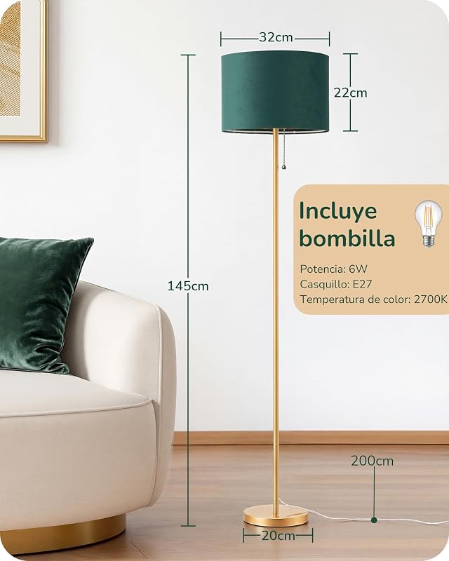 Candeeiro de Pé da Sala de Estar, Abajur de Veludo, Verde & Dourado
