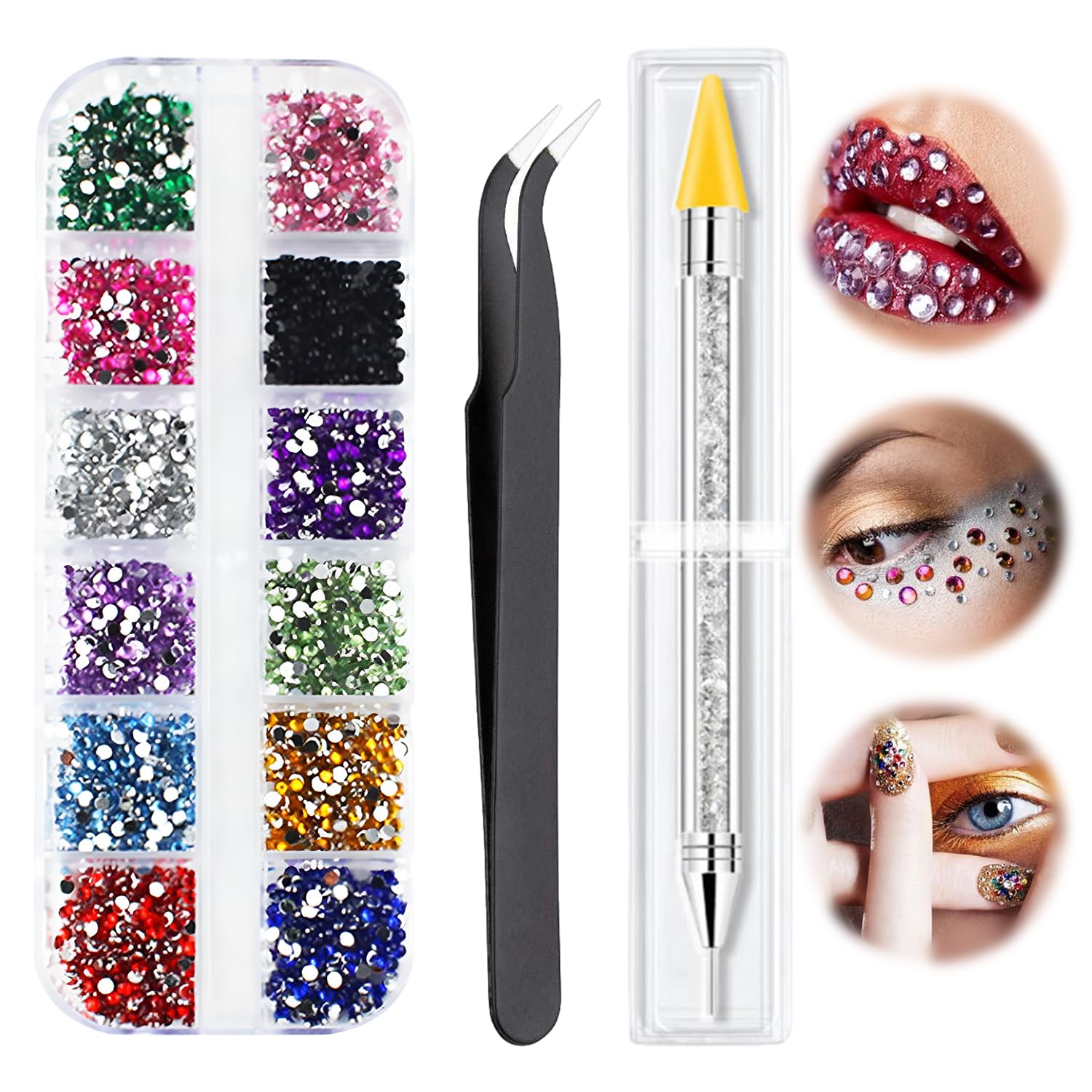 Rhinestones for Nails, 1500 PCS Nail Glitter Gems, Nail Decals with Pick Up Tweezers, Rhinestone Picker Dotting Pen for Nail Gems Stones Crystals, Ideal for DIY Nail Art Crafts (12 Color)