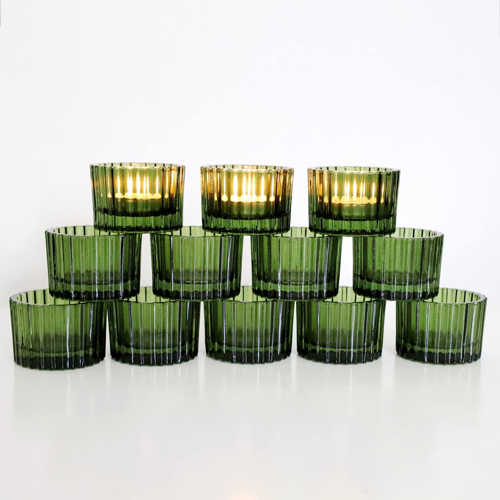 VOHO Green Tealight Candle Holder Set of 12, Glass Candle Holder for Wedding Table Centerpiece, Tea Lights Candle Holders Bulk for Home Decor(2''x 1.4'')