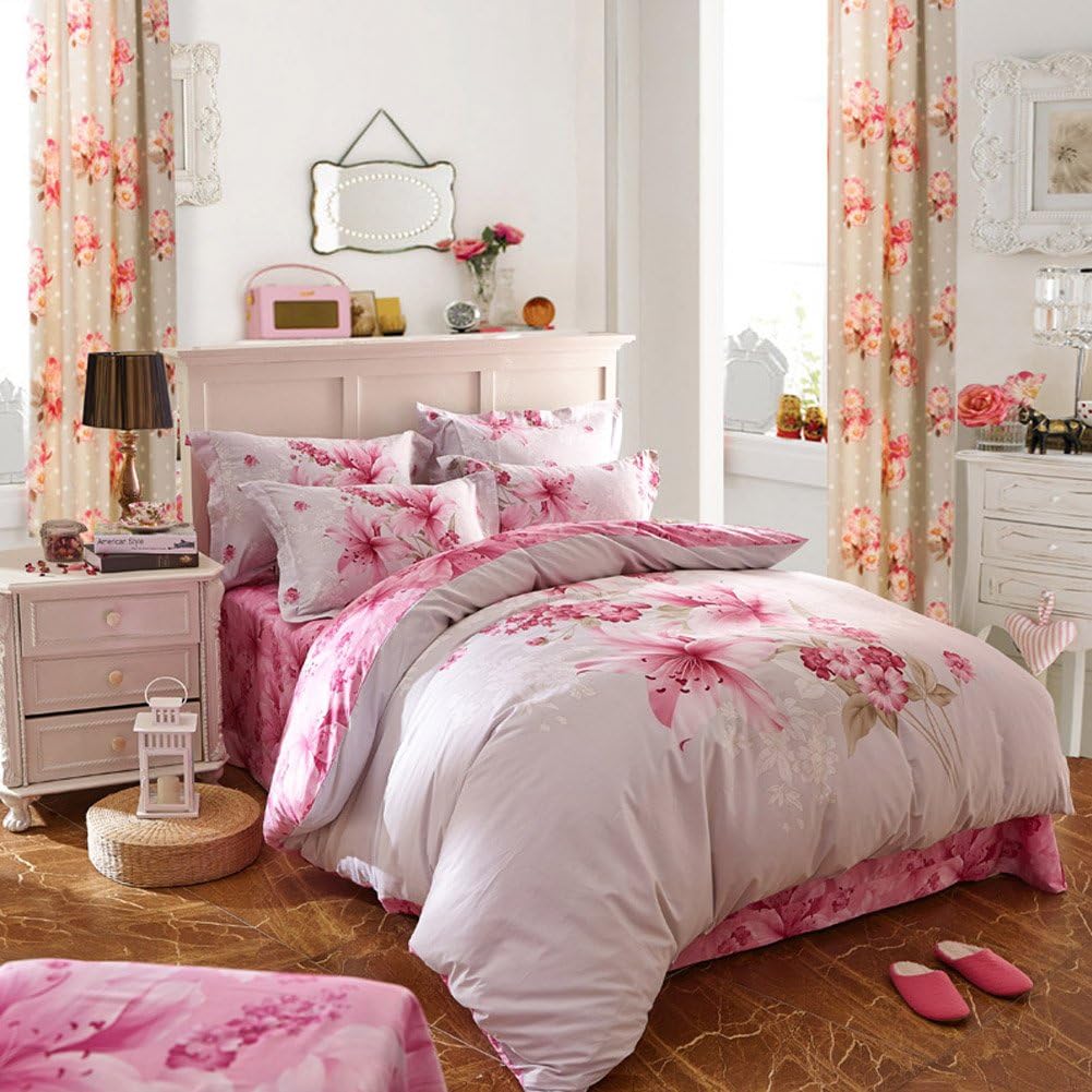 QzzieLife 4PC 100 Cotton Bedding Duvet Cover Set Flat Sheet Floral
