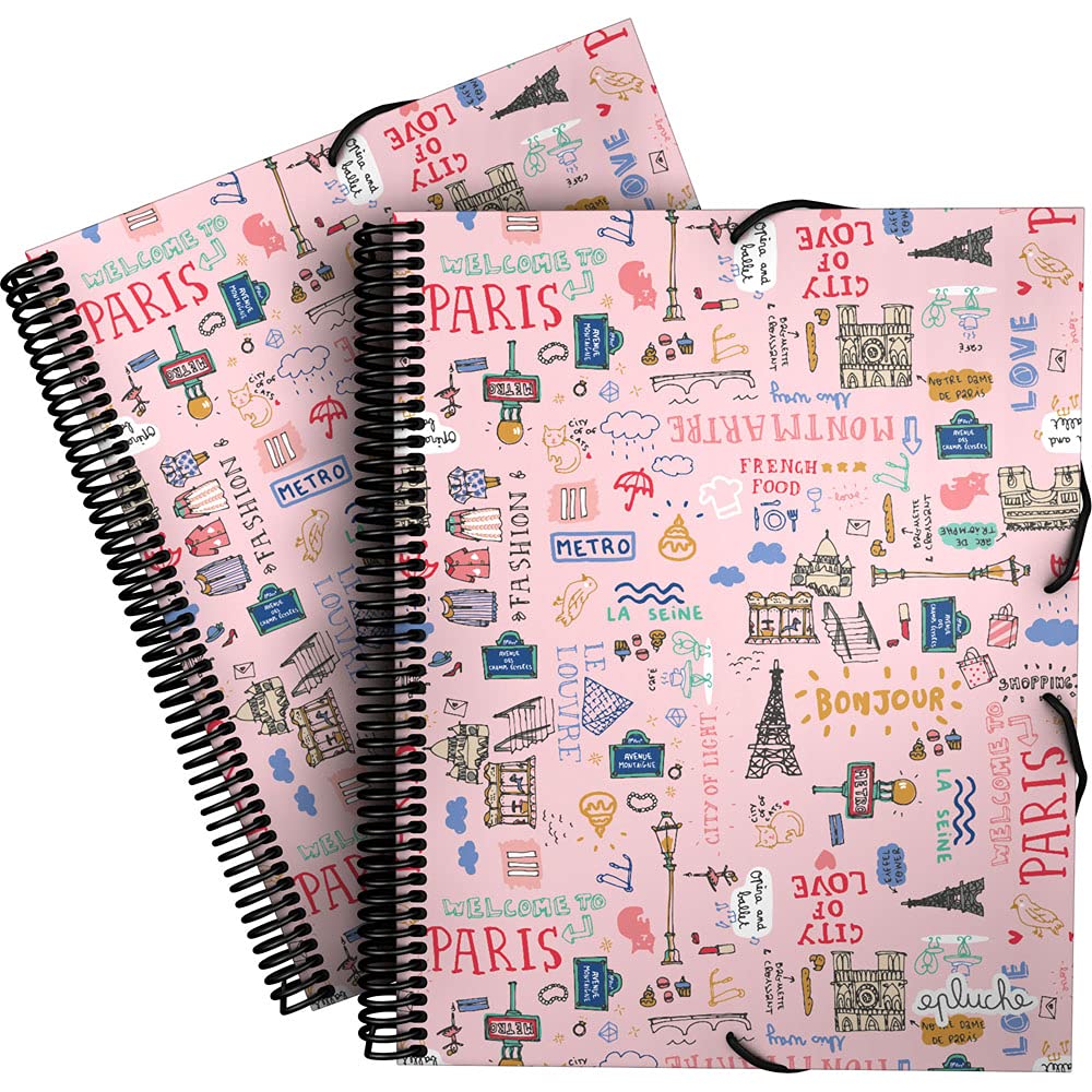 Grafoplás 39822425. A4 Pocket Folder with Spiral, Pluche Collection, Paris, Rigid Polypropylene, Elastic Closure, 30 Transparent Pockets, Includes Envelope with Textile Closure